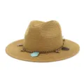 Woven straw sun hat with metal chain shell starfish charms for women summer travel beach. - 58cm / Khaki