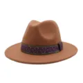 Chapeau fedora en laine marron avec bande à motif violet or, chapeau de jazz à large bord stylé - 58cm / Kaki