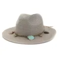 Damen Sommer Stroh Sonnenhut breite Krempe Strand Fedora Hut mit Metallkette Muscheln Anhänger - 58cm / Grau