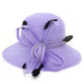Elegant purple organza sun hat detail, featuring a bow and black feathers decoration. - 58cm / Light Purple