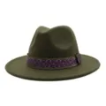 Chapeau fedora vert olive avec ruban a motif violet et or elegante casquette - 58cm / Vert Militaire