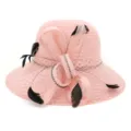 Elegant pink organza sun hat featuring black feathers, mesh veil, and sparkling rhinestone trim. - 58cm / Pink