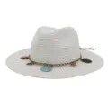 Detail view of white straw sun hat featuring bronze chain and ocean seashell charms. - 58cm / White