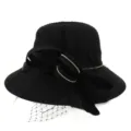 Elegant black organza sun hat with mesh bow and feather detail for women beach travel - 58cm / Black