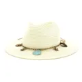 Damen Strohhut mit breiter Krempe und Muschelketten-Detail, ideal für Sommerreisen im Freien. - 58cm / Cremeweiß