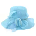 Light blue organza sun hat detail, wide brim design with bow, mesh, feathers and rhinestones. - 58cm / Lake Blue