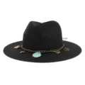 Detail view of black summer straw fedora hat featuring metallic chain and shell charms decor. - 58cm / Black