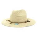 Damen Strohhut mit Muschel Kette Sommer Strand Sonnenschutz breite Krempe Fedora Sonnenhut - 58cm / Beige