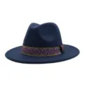 Chapeau fedora en feutre de laine bleu bande violette or style ethnique jazz unisexe - 58cm / Bleu marine