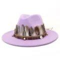 Sombrero fedora de fieltro de lana morado para mujer con pluma banda etnica ala ancha otoño - 58cm / Rosa Púrpura