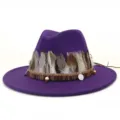 Purple woolen fedora hat detail, ethnic style feather trim and braided band for women. - 58cm / Purple