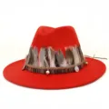 Sombrero fedora de lana roja con plumas étnicas y cinta trenzada para mujeres. - 58cm / Naranja