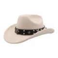 Stylish beige felt cowboy hat with black leather band, metal skull and cross studs. - One Size / Beige