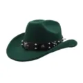 Detailed close-up of dark green wool cowboy hat with punk metal studs and cross band. - One Size / Dark Green