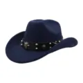 Dark blue felt western cowboy hat with studded leather band, stylish jazz fedora. - One Size / Navy Blue