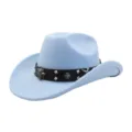 Detailed view of light blue wool cowboy hat with black leather band and metal cross skull studs. - One Size / Sky Blue