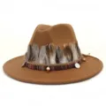 Brown wool fedora hat detail featuring stylish ethnic woven band, feathers, and cute metal charms. - 58cm / Khaki