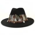Sombrero fedora de lana negra para mujer, estilo étnico con plumas, cuentas y banda para invierno. - 58cm / Negro