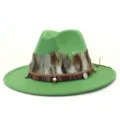 Sombrero fedora de lana verde con pluma y banda etnica ala ancha estilo otoño mujer - 58cm / Verde Hierba