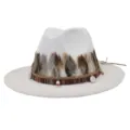 Sombrero fedora de fieltro para mujer plumas cinta étnica sombrero jazz ala ancha - 58cm / Blanco