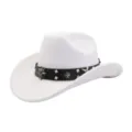 White western cowboy hat with black punk leather band, metal studs, skull and cross details. - One Size / White