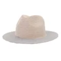 Detailed view of the stylish two-tone straw fedora hat, featuring a beige crown and grey brim. - Adjustable / Style 3