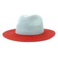 Close-up detail of the stylish color-blocking straw hat with light blue crown and red brim. - Adjustable / Color 8