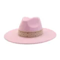 Roze suède fedora hoed met stijlvolle geometrische geweven band, breedgerande casual dameshoed. - M (56-58cm) / Kersenbloesem Roze