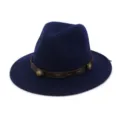 Classic blue wide brim wool fedora hat with brown leather belt band for men and women stylish. - Adjustable / Navy Blue