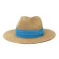 Vista detallada del sombrero de paja de verano con banda azul, sombrero de sol para playa - 58cm / Caqui