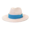 Vue détaillée du chapeau de paille d'été avec ruban bleu, protection solaire de plage. - 58cm / Rose