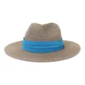Vue détaillée du chapeau de paille d'été avec bande en tissu bleu vif pour la protection solaire. - 58cm / Vieux rose