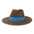 Chapeau fedora en paille marron classique avec bande en tissu bleu pour plage d'ete. - 58cm / Café