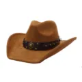 Sombrero de vaquero de ante marrón clásico con banda de cuero tachonada y hebilla metálica. - 58cm / Caqui