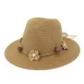 Geflochtener Stroh-Fedora-Sonnenhut mit Blumendekor fur Damen Strand Sommer Sonnenschutz. - Verstellbar / Khaki