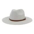 Gedetailleerd overzicht van witte strooien hoed met bruine leren band, ideaal voor strand. - 58cm / Wit