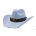 Detailed view of the light blue suede western cowboy hat, featuring a dark brown studded band. - 58cm / Sky Blue