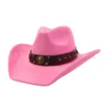 Pink suede western cowboy hat with wide brim, retro belt band, and stylish jazz fedora design. - 58cm / Barbie Pink