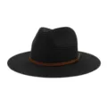 Zwarte strooien fedora hoed detail, zomer strand zonnehoed met bruine lederen riem gesp. - 58cm / Zwart