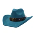 Sombrero de vaquero occidental de ante azul con tira de cuero marrón y tachuelas metálicas - 58cm / Azul Pavo Real Oscuro