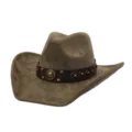Primer plano detallado del sombrero de vaquero de ante marrón con banda de cuero y metal. - 58cm / Verde Militar