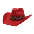 Red suede cowboy hat for women men western wide brim jazz hat with retro bull embroidery - 58cm / Burgundy