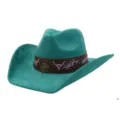 Turquoise wide-brim suede cowboy hat with brown leather band, metal studs, and bull embroidery. - 58cm / Peacock Light Blue