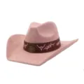 Close-up of pink suede cowboy hat showing brown studded band and detailed bull embroidery. - 58cm / Dusty Pink