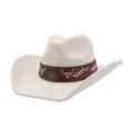 White suede cowboy hat with brown leather band, pink embroidered bull skulls and metal studs. - 58cm / Cream