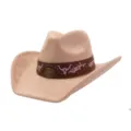 Stylish suede wide brim cowboy hat with ethnic embroidery and metal bull skull decor for women. - 58cm / Champagne