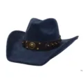 Dark blue suede cowboy hat with brown leather band, wide brim and metal stud details for western style - 58cm / Navy Blue