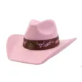 Pink faux suede western cowboy hat featuring brown band, metal studs, and bull skull embroidery. - 58cm / Sakura Pink