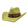 Detailed view of a green suede western cowboy hat with brown embroidered band and metal studs. - 58cm / Avocado Green