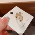 Exquisite clover open ring with sparkling cubic zirconia and white mother-of-pearl inlay. - No. 24 Shell Petal Open Ring (Thick Real Gold Plating)